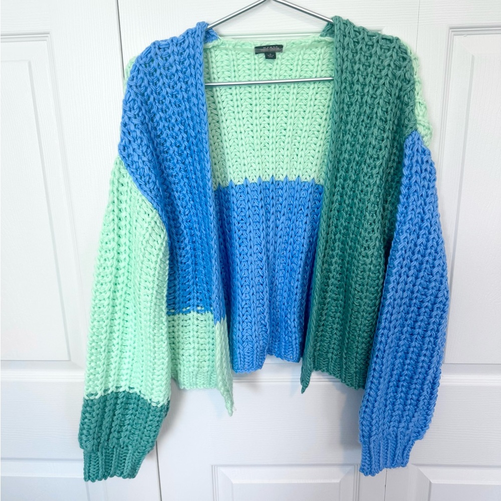 NWOT Wild Fable Blue and Green Color block Baggy Knit Cardigan MEDIUM